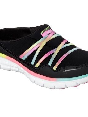 Skechers Women Black Slip-On Sneakers with Pastel Rainbow Straps and White Sole